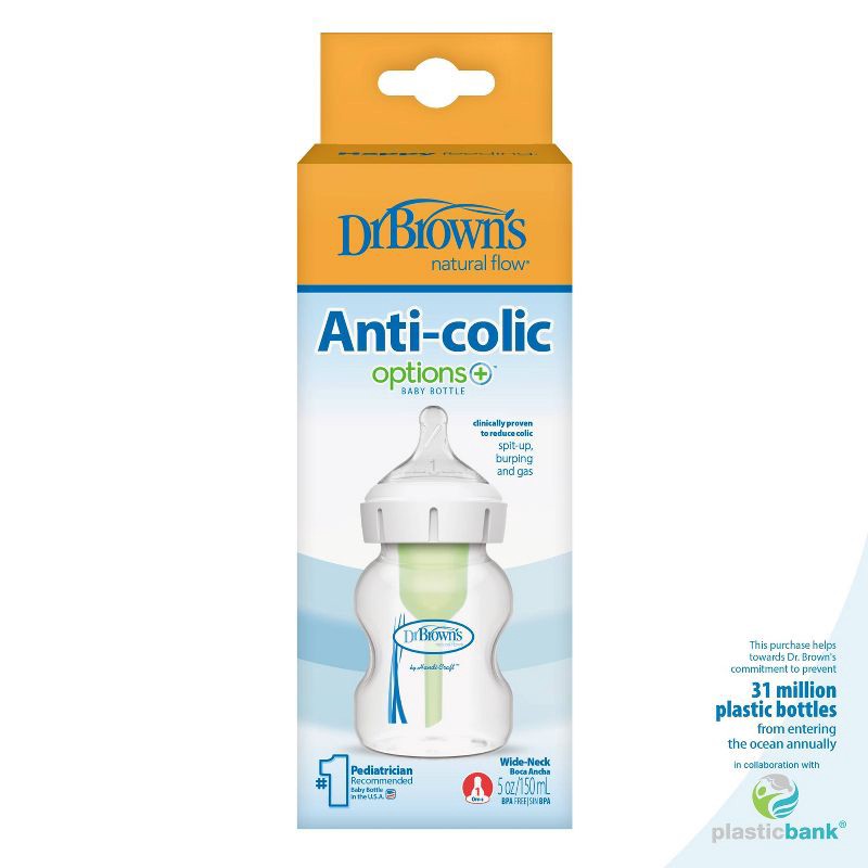 slide 20 of 20, Dr. Brown's 5oz Anti-Colic Options+ Wide-Neck Baby Bottle with Level 1 Slow Flow Nipple - 0m+, 5 oz