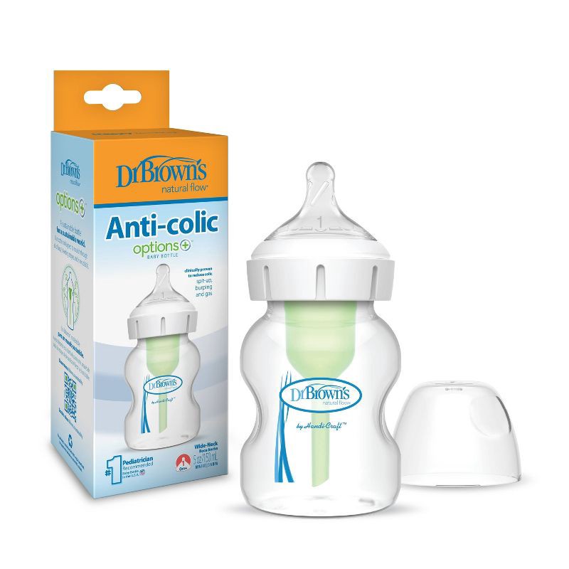 slide 10 of 20, Dr. Brown's 5oz Anti-Colic Options+ Wide-Neck Baby Bottle with Level 1 Slow Flow Nipple - 0m+, 5 oz