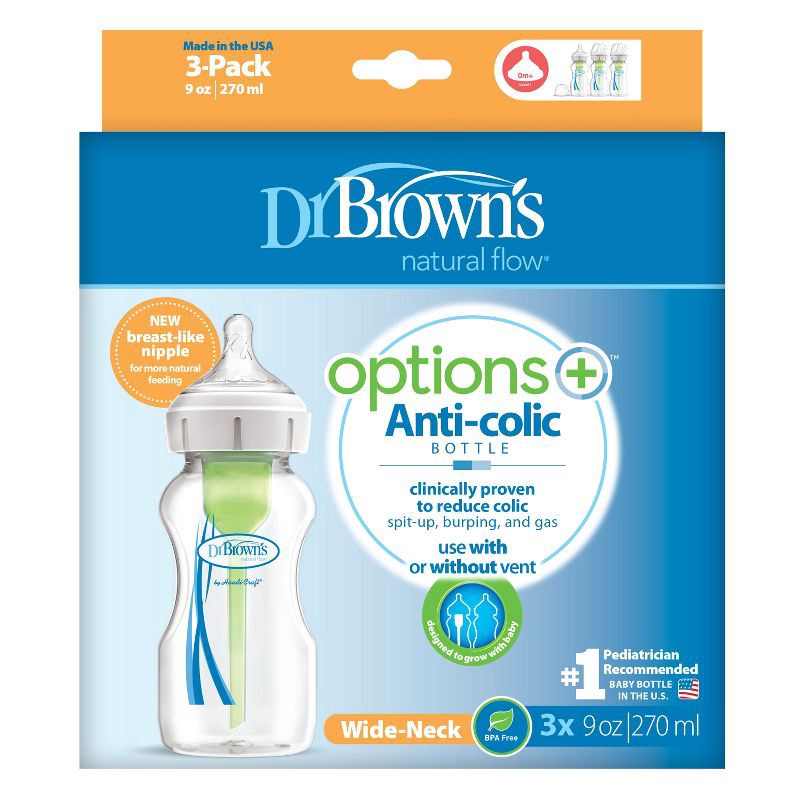 slide 2 of 20, Dr. Brown's 9oz Anti-Colic Options+ Wide-Neck Baby Bottle with Level 1 Slow Flow Nipple - 3pk - 0m+, 3 ct; 9 oz