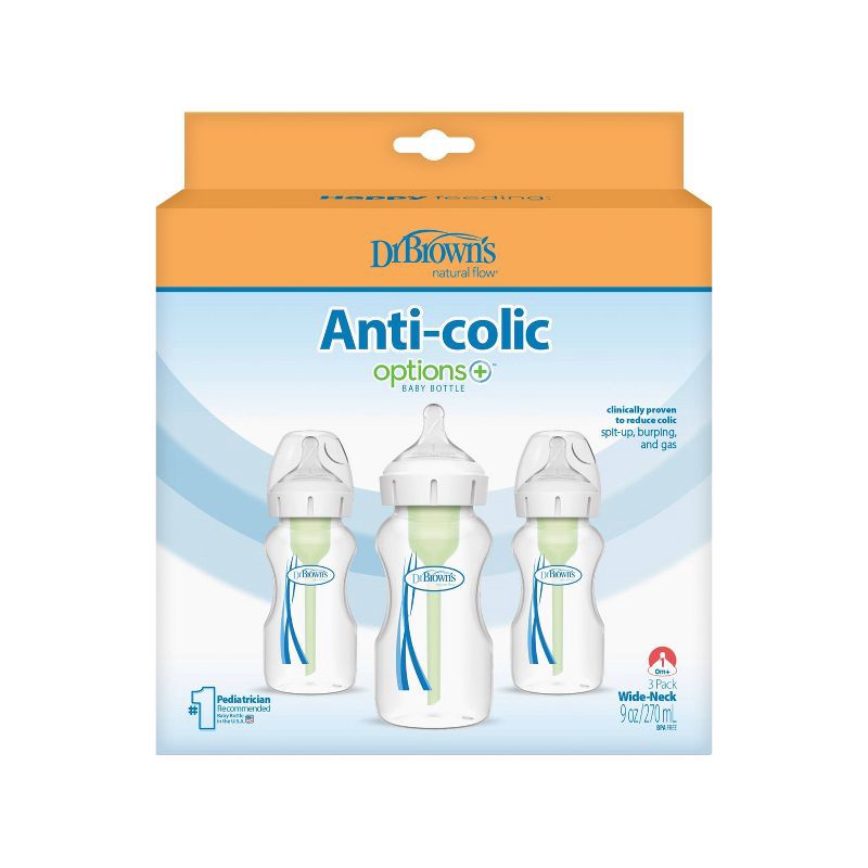 slide 18 of 20, Dr. Brown's 9oz Anti-Colic Options+ Wide-Neck Baby Bottle with Level 1 Slow Flow Nipple - 3pk - 0m+, 3 ct; 9 oz