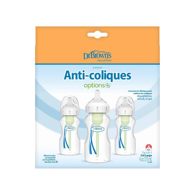 slide 19 of 20, Dr. Brown's 9oz Anti-Colic Options+ Wide-Neck Baby Bottle with Level 1 Slow Flow Nipple - 3pk - 0m+, 3 ct; 9 oz