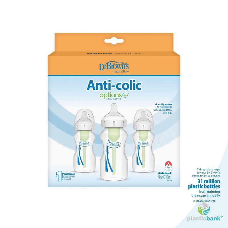 slide 20 of 20, Dr. Brown's 9oz Anti-Colic Options+ Wide-Neck Baby Bottle with Level 1 Slow Flow Nipple - 3pk - 0m+, 3 ct; 9 oz