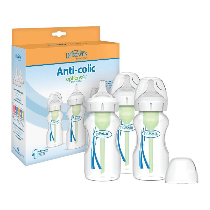 slide 10 of 20, Dr. Brown's 9oz Anti-Colic Options+ Wide-Neck Baby Bottle with Level 1 Slow Flow Nipple - 3pk - 0m+, 3 ct; 9 oz