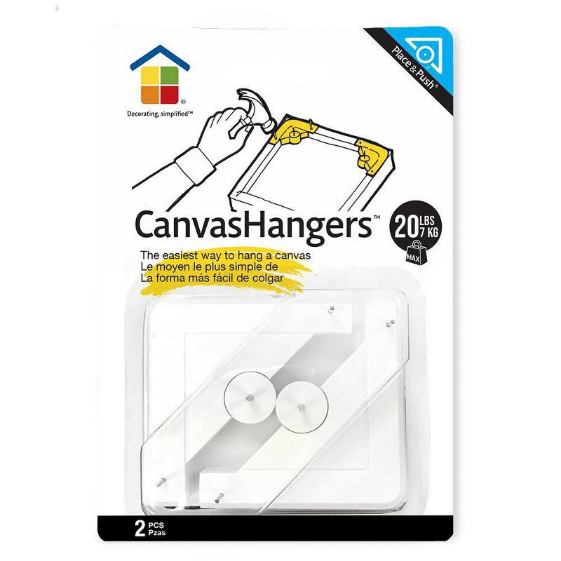 slide 1 of 9, Under the Roof Decorating 20lb Place&Push Canvas Hangers Clear: Metal & Plastic Picture Hooks, Deco Hooks, 2 Pack, 20 lb, 2 ct