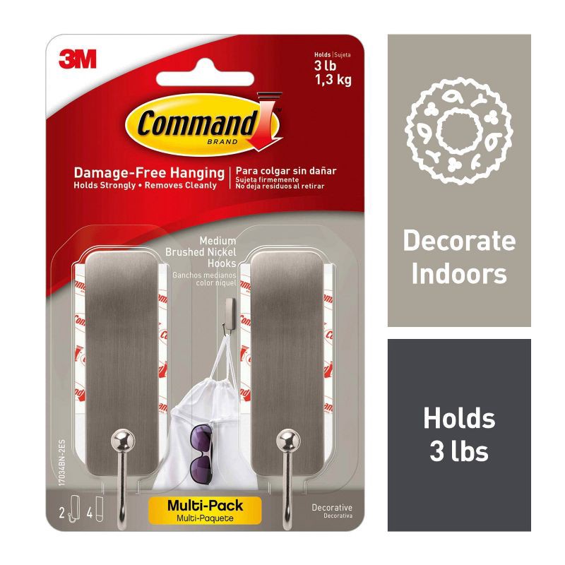 slide 2 of 14, Command 2 Hooks 4 Strips Medium Sized Hooks Nickel: Adhesive Wall Hooks, Heavy Duty, Decorative, Silver, Plastic, 3 lb Capacity, 3 lb
