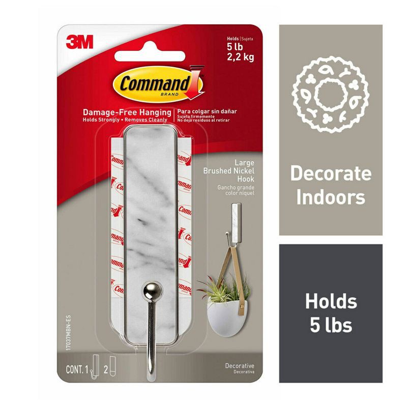 slide 1 of 11, Command Large Sized Decorative Hook Brushed Nickel: Wall Hooks, Plastic, Painted Finish, 5 lb Capacity, Silver, 5 lb