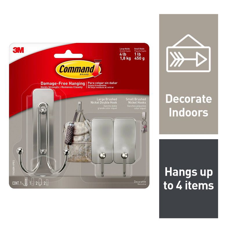slide 2 of 14, Command Large and Small Decorative Hooks Brushed Nickel: Wall Hooks Adhesive, Towel Hook, Silver, Plastic, 4 lb Capacity, 4 lb