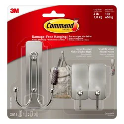 Command Large and Small Decorative Hooks Brushed Nickel: Wall Hooks Adhesive, Towel Hook, Silver, Plastic, 4 lb Capacity