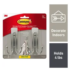 Command 2pk Large Sized Double Decorative Hooks Brushed Nickel: Wall Hooks, Towel Hook, Silver, 4 lb Capacity