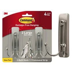 Command 2pk Large Sized Double Decorative Hooks Brushed Nickel: Wall Hooks, Towel Hook, Silver, 4 lb Capacity