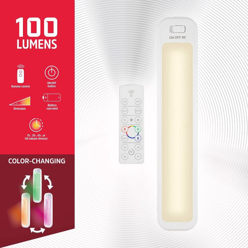 slide 2 of 9, Energizer 12" 2pk Indoor Color Changing LED Cabinet Lights Bar with Remote White: 12 Inch Dimmable Light Bars, Battery Operated, 2 ct