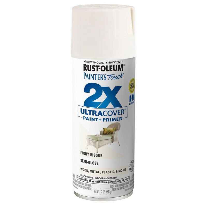 slide 10 of 10, Rust-Oleum 12oz Painters Touch 2X Ultra Cover Spray Paint Ivory: Semi-Gloss Enamel for Interior & Exterior Surfaces,