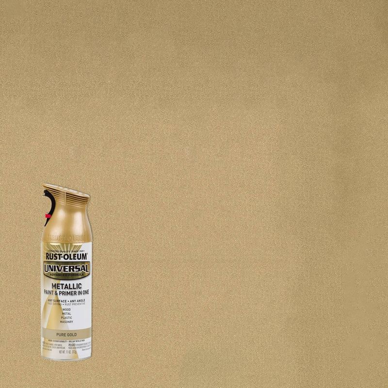 slide 1 of 11, Rust-Oleum 11oz Universal Paint and Primer in One Pure Gold: Metallic Spray for Interior Surfaces, Oil-Based, 20 sq ft Coverage, 11 oz, 20 sq ft
