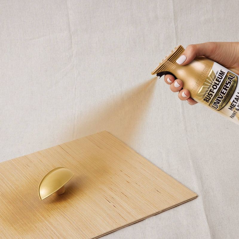 slide 6 of 11, Rust-Oleum 11oz Universal Paint and Primer in One Pure Gold: Metallic Spray for Interior Surfaces, Oil-Based, 20 sq ft Coverage, 11 oz, 20 sq ft