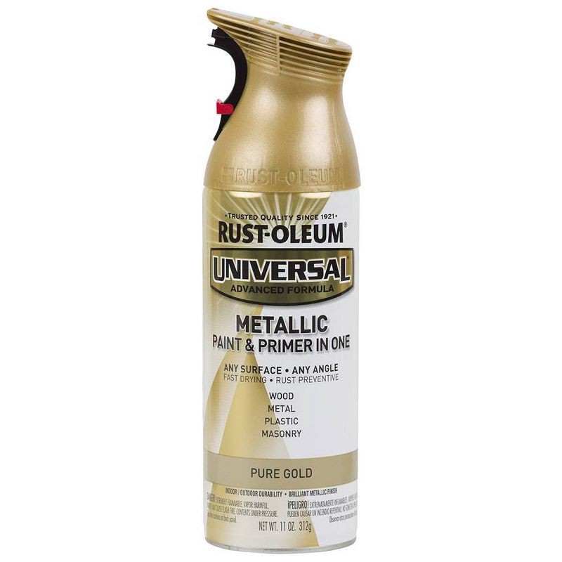 slide 10 of 11, Rust-Oleum 11oz Universal Paint and Primer in One Pure Gold: Metallic Spray for Interior Surfaces, Oil-Based, 20 sq ft Coverage, 11 oz, 20 sq ft