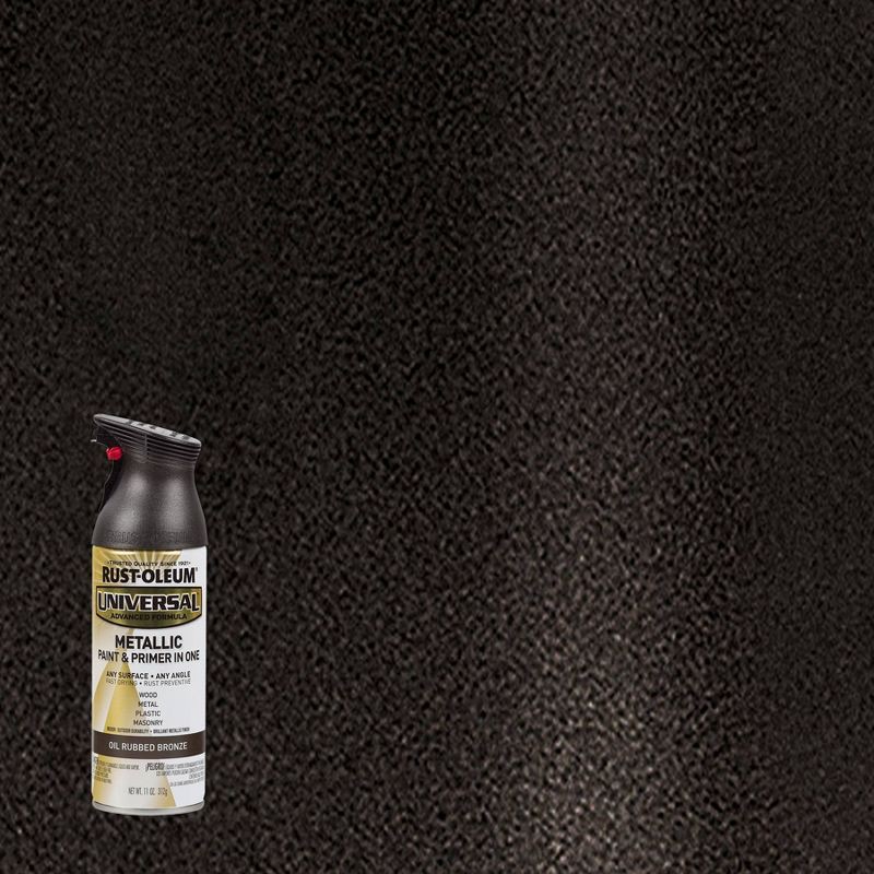 slide 1 of 10, Rust-Oleum 11oz Universal Paint and Primer in One Bronze: Metallic Spray for Metal, Wood, Glass, Vinyl, 20 sq ft Coverage, 11 oz, 20 sq ft