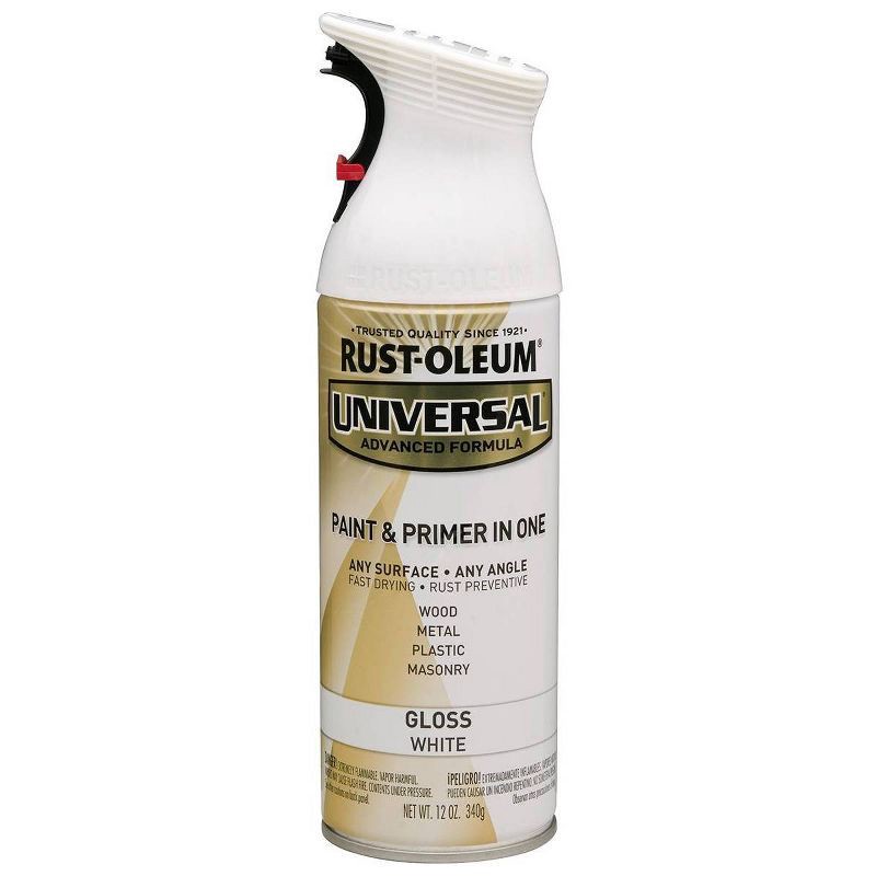 slide 8 of 11, Rust-Oleum 11oz Universal Paint and Primer in One Gloss White: Interior & Exterior Spray for Metal, Wood, Glass, Vinyl, 11 oz