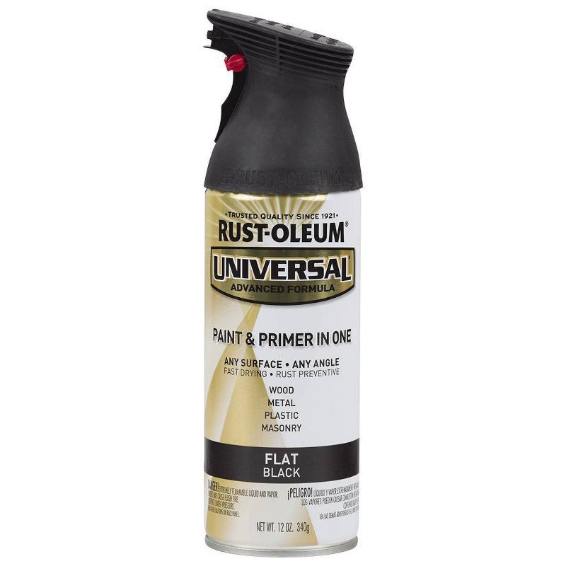 slide 4 of 6, Rust-Oleum 11oz Universal Paint and Primer in One Flat Black: Matte Spray for Interior & Exterior, Metal, Wood, Glass, 11 oz