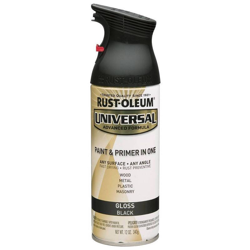 slide 4 of 12, Rust-Oleum 11oz Universal Paint and Primer in One Gloss Black: Spray Paint for Interior & Exterior, Metal, Wood, Glass, 11 oz