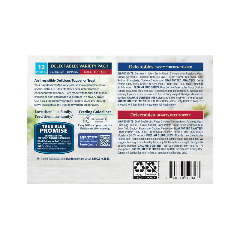slide 2 of 9, Blue Buffalo Delectables Grain Free Natural Wet Dog Food Topper Variety Pack Chicken Dinner & Beef Dinner - 3oz/12ct, 12 ct; 3 oz