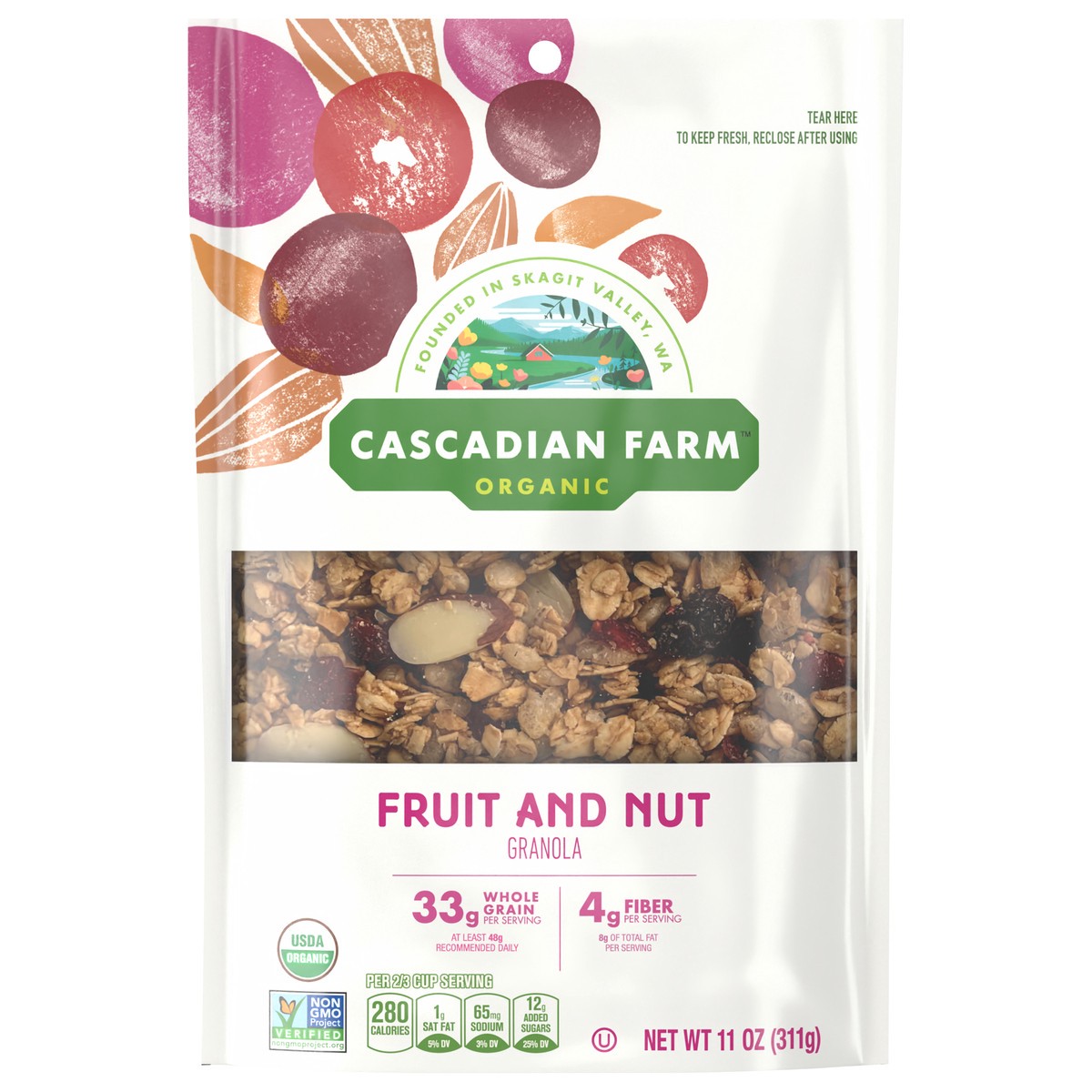 slide 1 of 3, Cascadian Farm Organic Granola, Fruit and Nut Cereal, Resealable Pouch, 11 oz, 1 ct