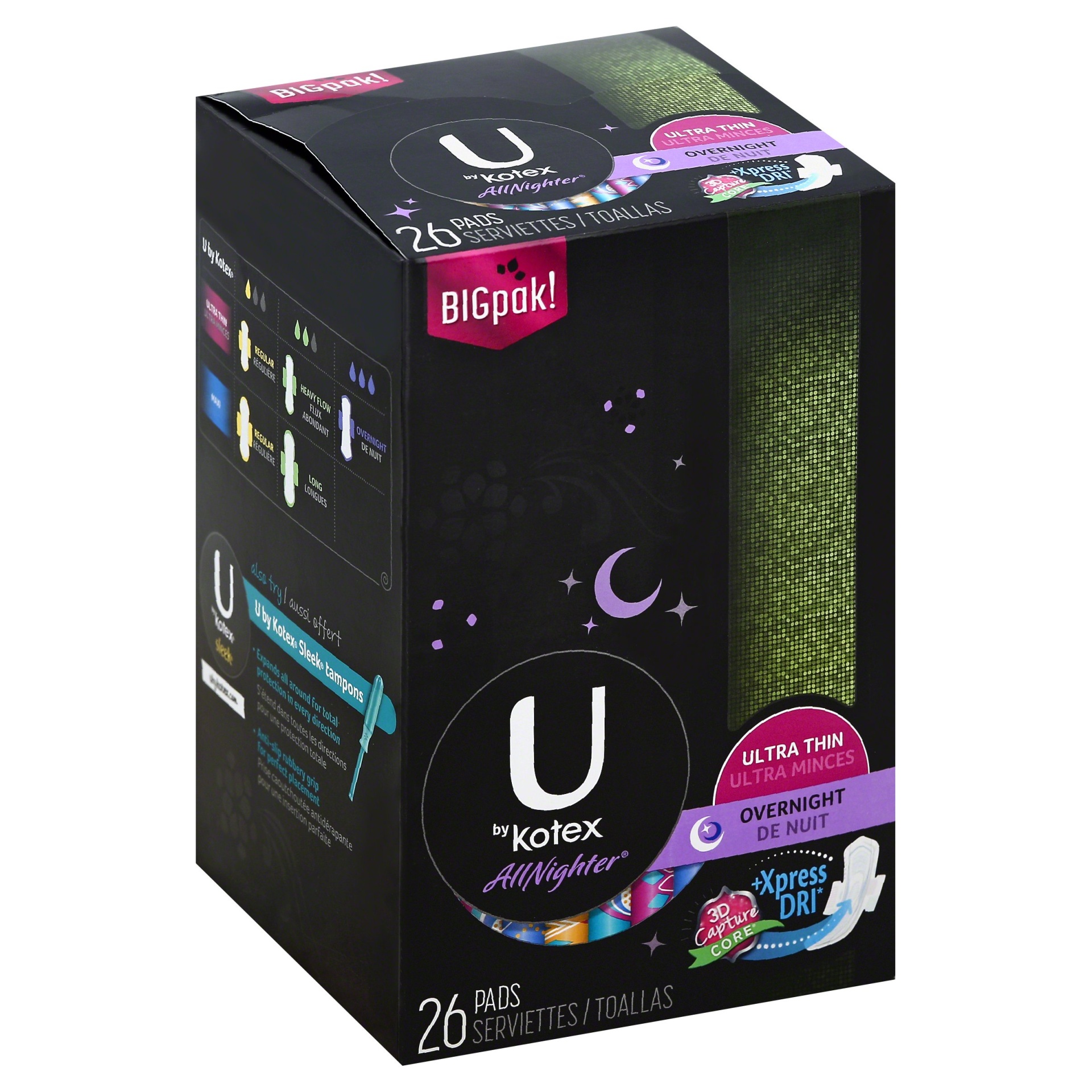 slide 1 of 1, Kotex Ubk Allnighter Ultra Thin Pad With Wings Overnight Absorbency, 26 ct