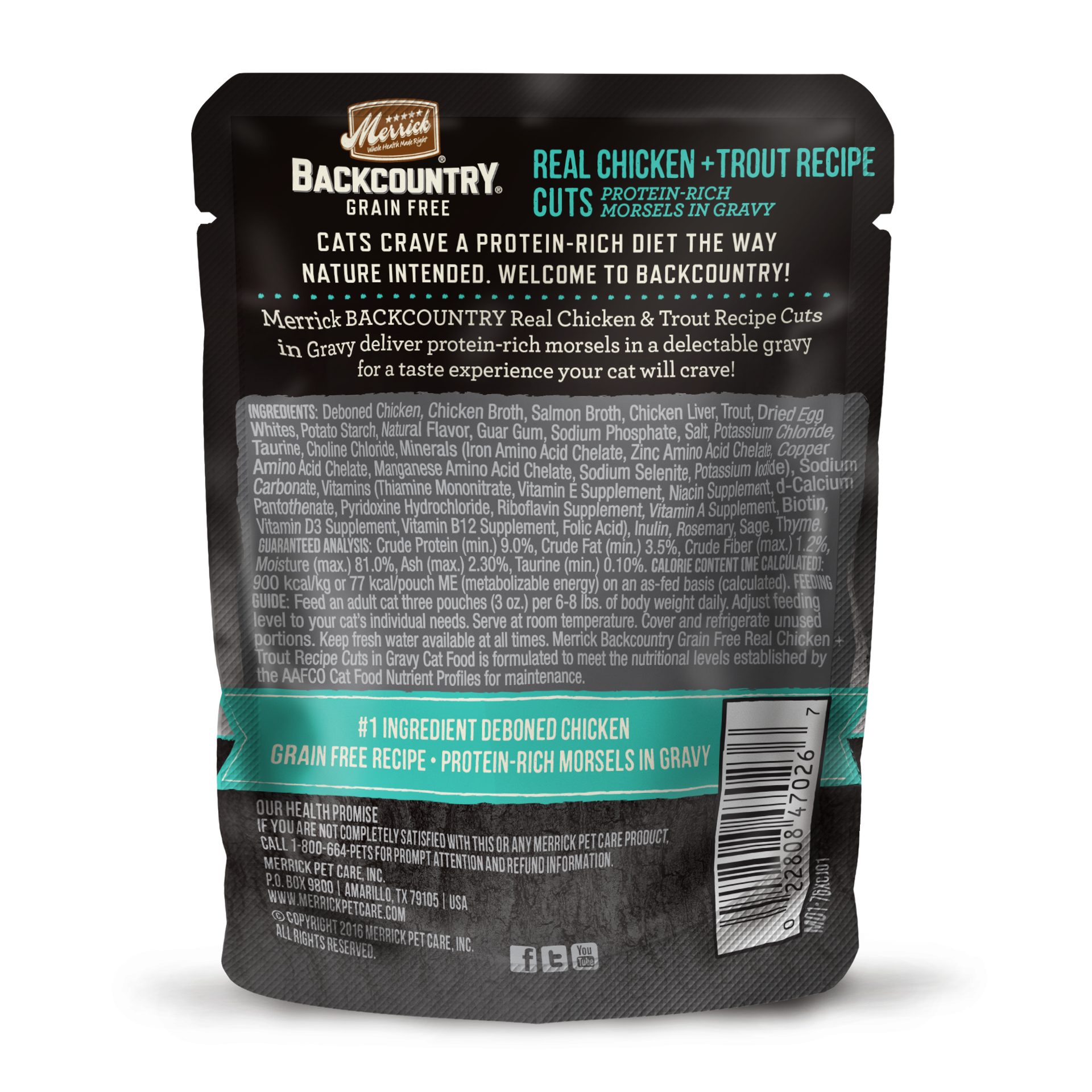 slide 3 of 4, Merrick Backcountry Grain Free Wet Cat Food Real Chicken and Trout Recipe Cuts in Gravy - 3 oz Pouch, 1 ct
