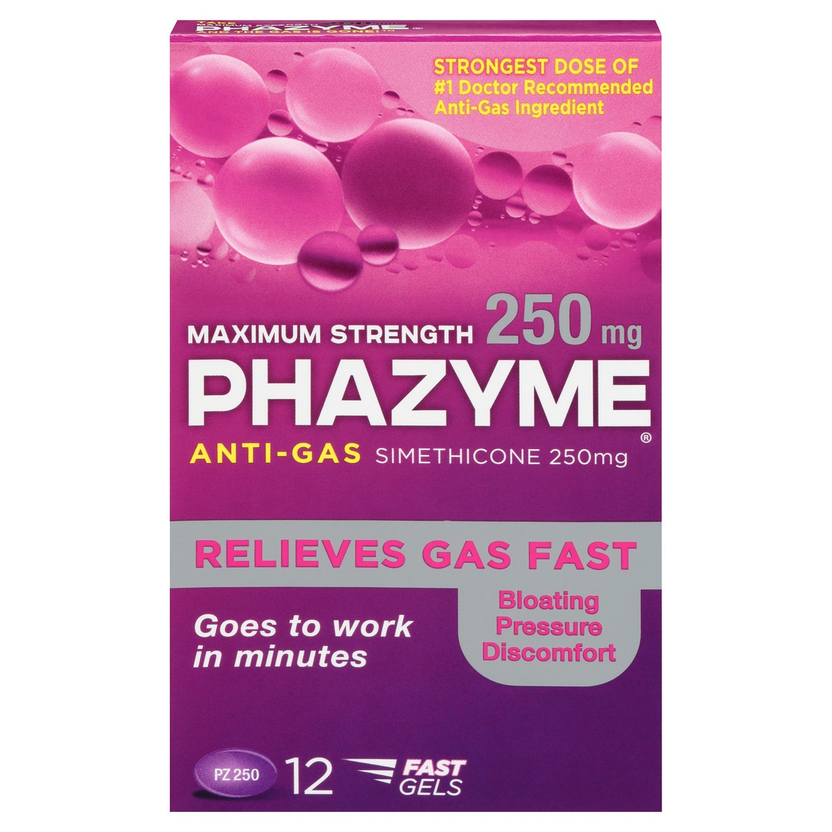 slide 7 of 10, Phazyme Maximum Strength Gas & Bloating Relief, Gas Relief Works in Minutes, 12 Fast Gels, 12 ct