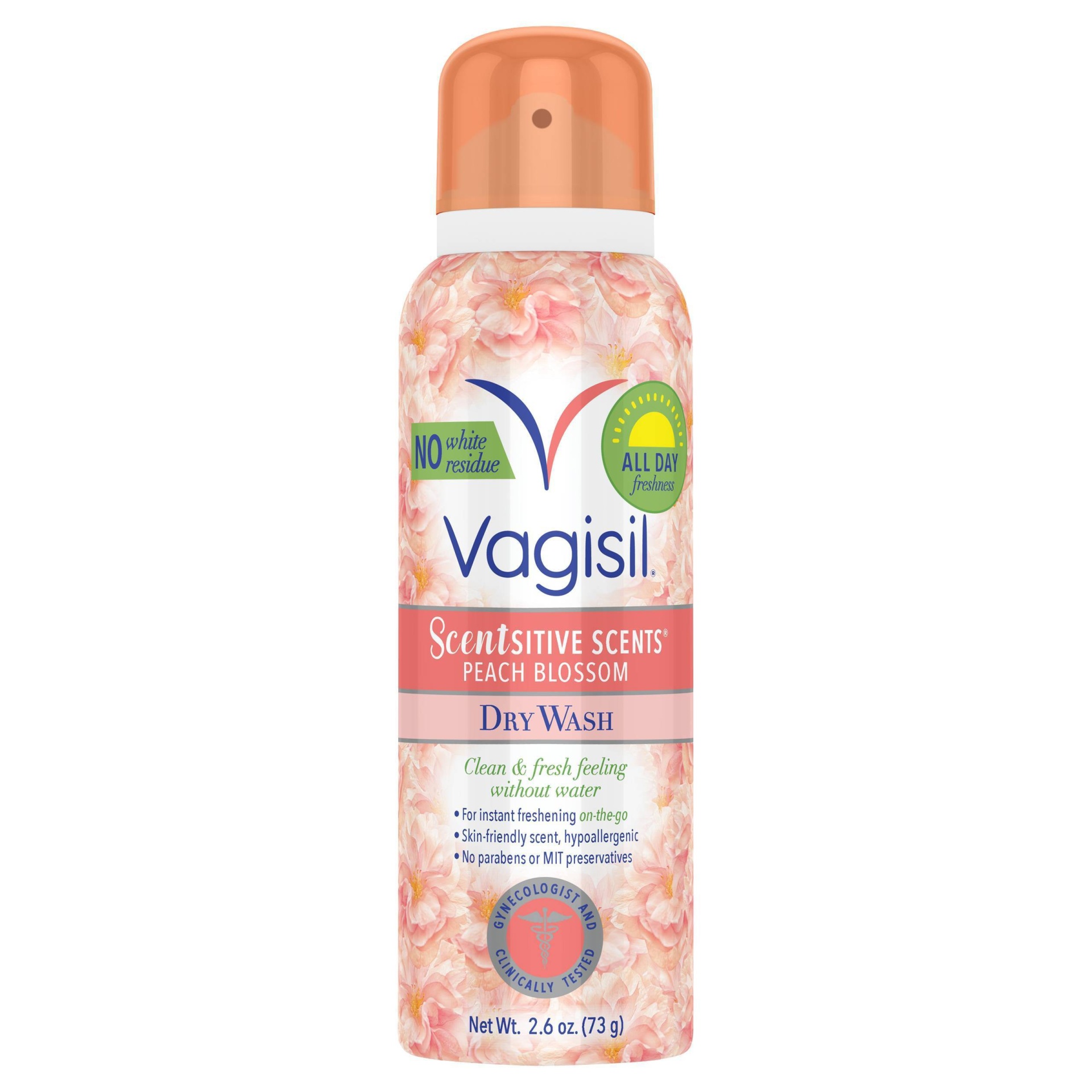 slide 1 of 4, Vagisil Sensitive Scents Feminine Dry Wash Deodorant Spray - Peach Blossom, 2.6 oz