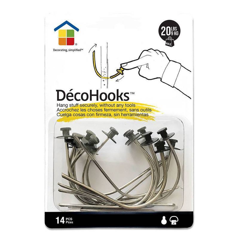 slide 1 of 8, Under the Roof Decorating 20lb Deco Hooks Clear: Steel & Plastic Picture Hangers, Drywall & Stucco Hooks, 14 Pack, 20 lb, 14 ct