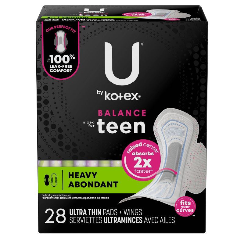 slide 2 of 9, U by Kotex Balance Sized for Teens Ultra-Thin Pads with Wings - Extra Absorbency - Unscented - 28ct, 28 ct