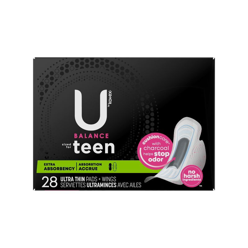 U by Kotex Balance Sized for Teens, Ultra Thin Pads with Wings