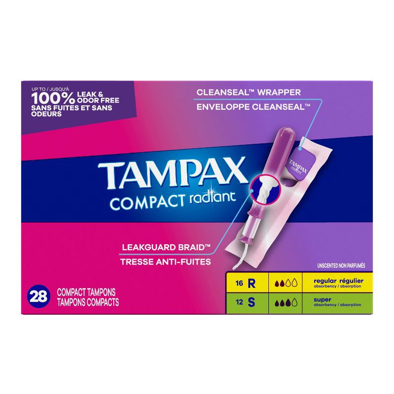 slide 14 of 14, Tampax Compact Radiant Multipack Regular/Super Absorbency Unscented Plastic Tampons - 28ct, 28 ct