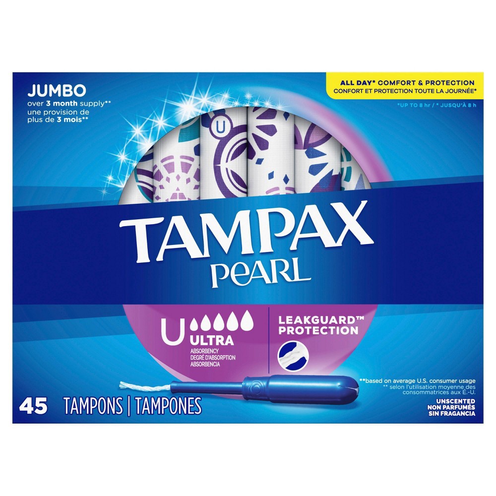 slide 8 of 8, Tampax Pearl Ultra Ultra Absorbency with LeakGuard Braid - Unscented - 45ct, 45 ct