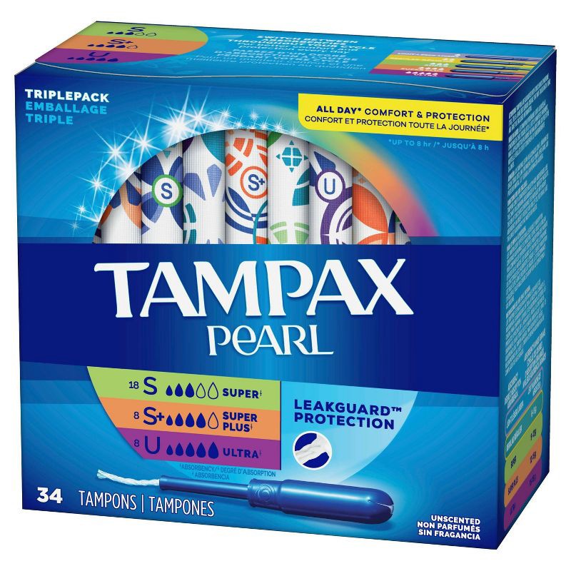 slide 2 of 11, Tampax Pearl Triple Pack with Super/Super Plus/Ultra Absorbency Unscented Plastic Tampons - 34ct, 34 ct