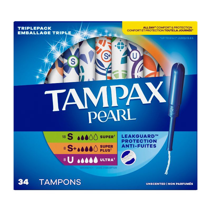 slide 14 of 14, Tampax Pearl Triple Pack with Super/Super Plus/Ultra Absorbency Unscented Plastic Tampons - 34ct, 34 ct