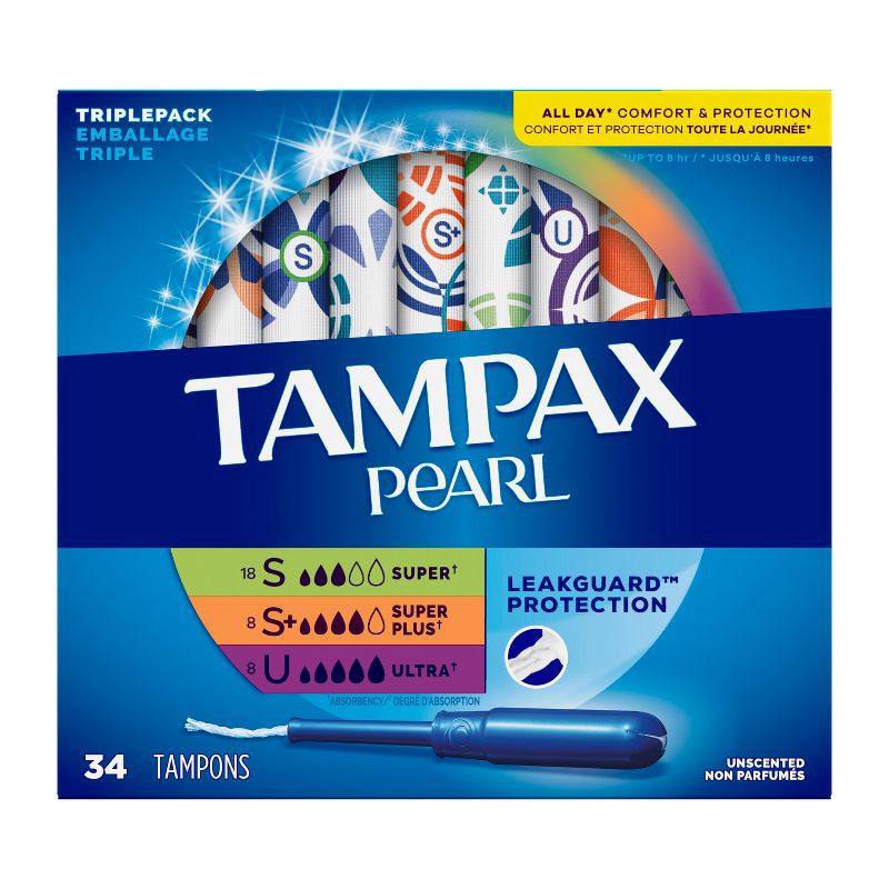 slide 10 of 11, Tampax Pearl Triple Pack with Super/Super Plus/Ultra Absorbency Unscented Plastic Tampons - 34ct, 34 ct