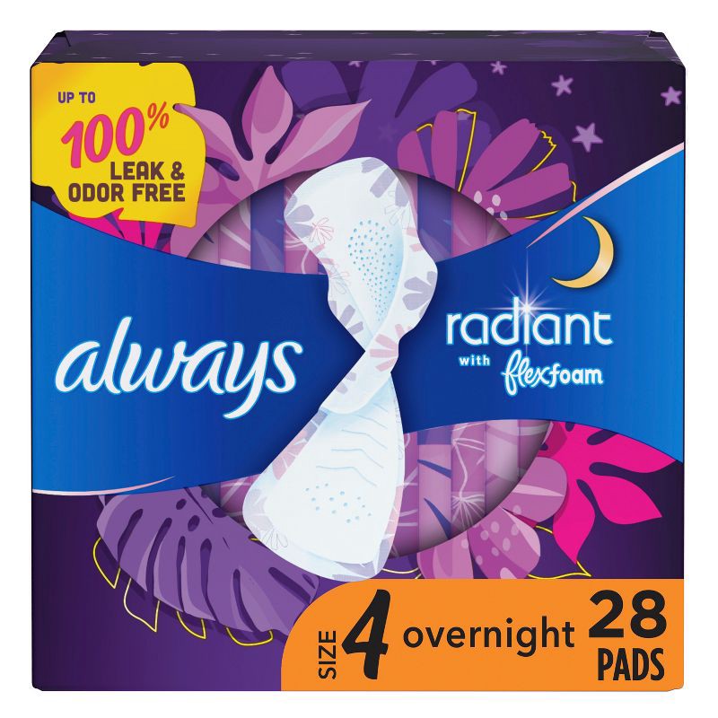 slide 1 of 8, Always Radiant Overnight Sanitary Pads with Wings - Scented - Size 4 - 28ct, 28 ct