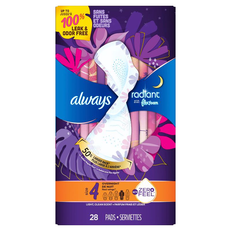 slide 8 of 8, Always Radiant Overnight Sanitary Pads with Wings - Scented - Size 4 - 28ct, 28 ct