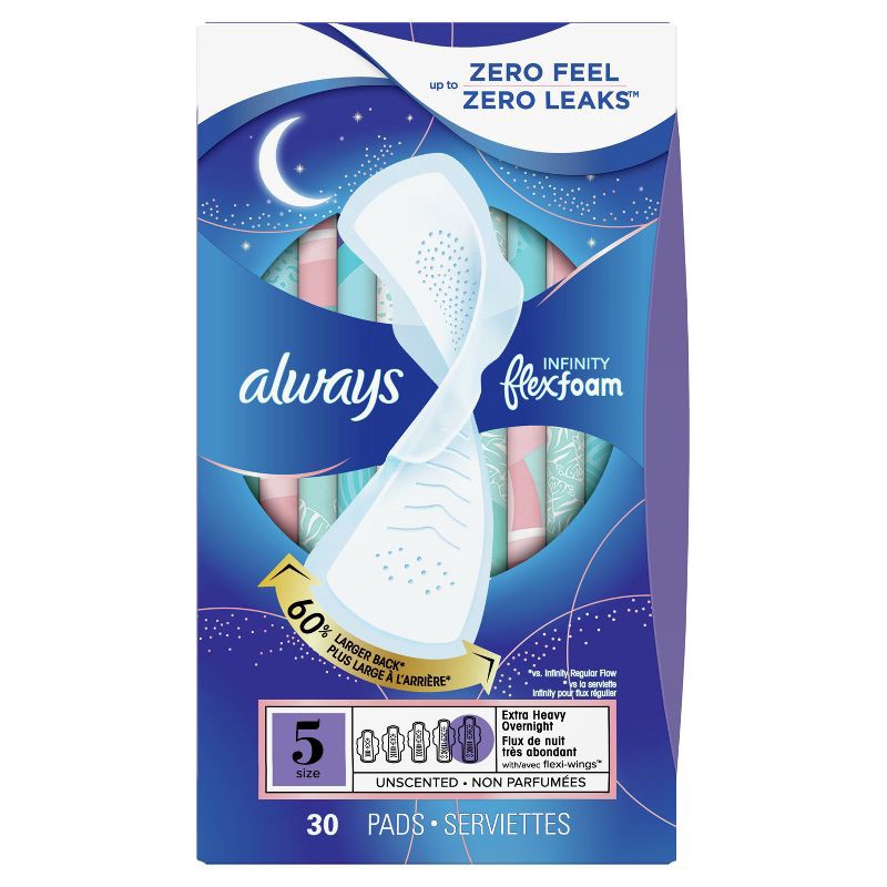 slide 14 of 15, Always Infinity FlexFoam Pads for Women - Extra Heavy Overnight Absorbency - Unscented - Size 5 - 30ct, 5 x 30 ct