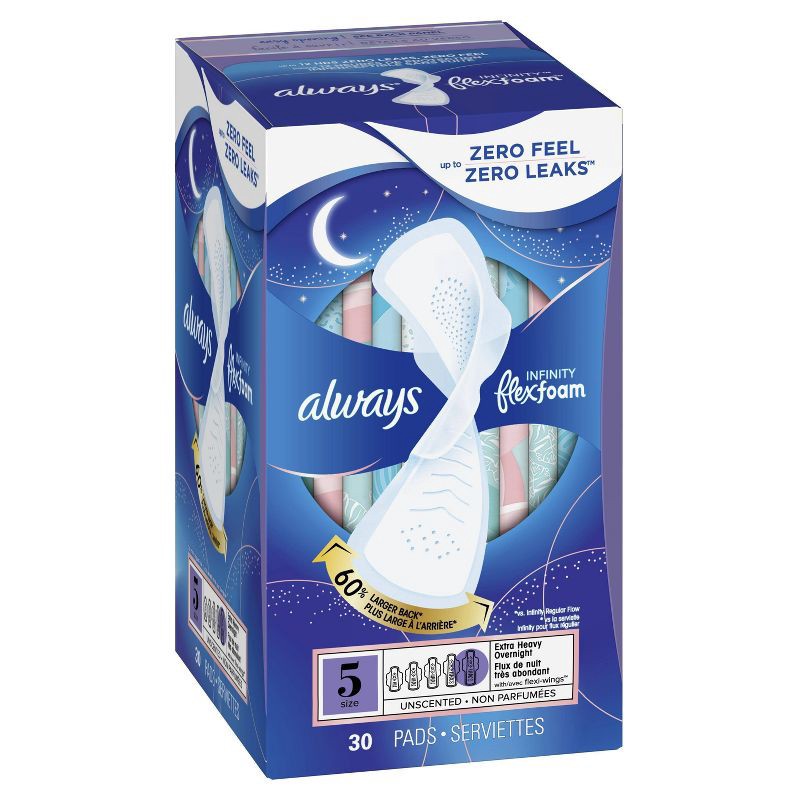 slide 10 of 11, Always Infinity FlexFoam Pads for Women - Extra Heavy Overnight Absorbency - Unscented - Size 5 - 30ct, 30 ct