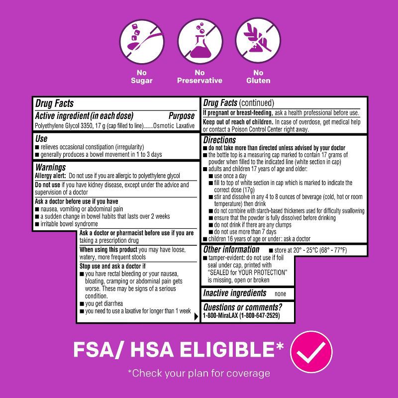 slide 4 of 5, Miralax Gentle Constipation Relief 7 Doses without Harsh Side Effects Osmotic Laxative Powder - 4.1oz, 4.1 oz