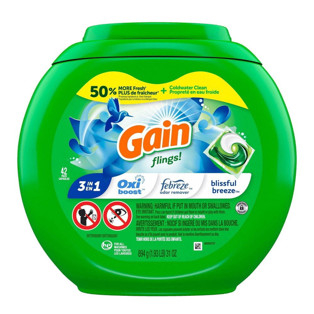 slide 5 of 10, Gain flings! Laundry Detergent Pacs Blissful Breeze - 42ct/33oz, 42 ct, 33 oz