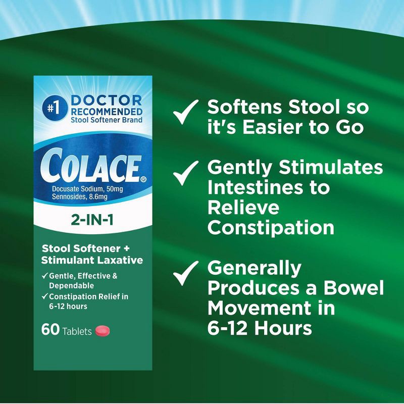 slide 5 of 7, Colace 2-IN-1 Stool Softener + Stimulant Laxative - 60ct, 60 ct