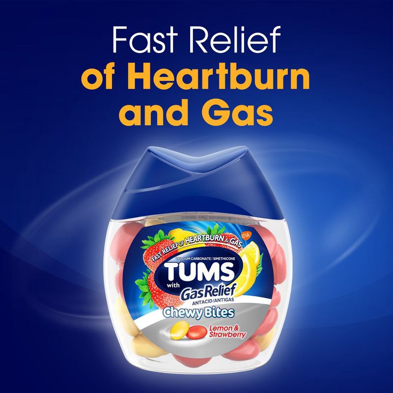 slide 6 of 9, Tums Chewy Bites with Gas Relief Extra Strength Chewable Antacid for Heartburn - Lemon & Strawberry - 54ct, 54 ct