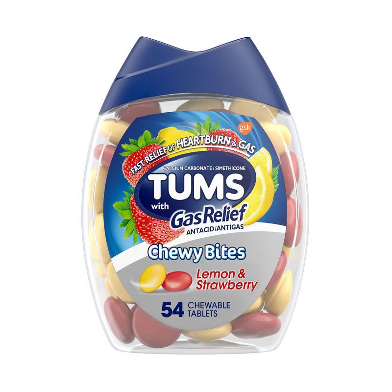 slide 1 of 9, Tums Chewy Bites with Gas Relief Extra Strength Chewable Antacid for Heartburn - Lemon & Strawberry - 54ct, 54 ct