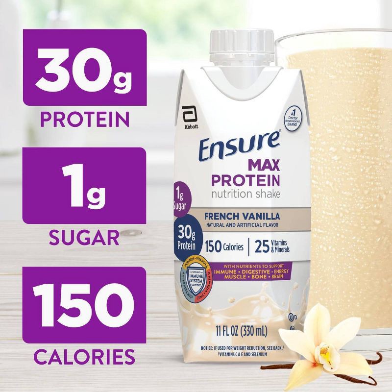slide 3 of 12, Ensure Max Protein Nutrition Shake French Vanilla Non-Caffeinated - 30g Protein - 11 fl oz /4pk, 30 gram, 11 fl oz, 4 ct