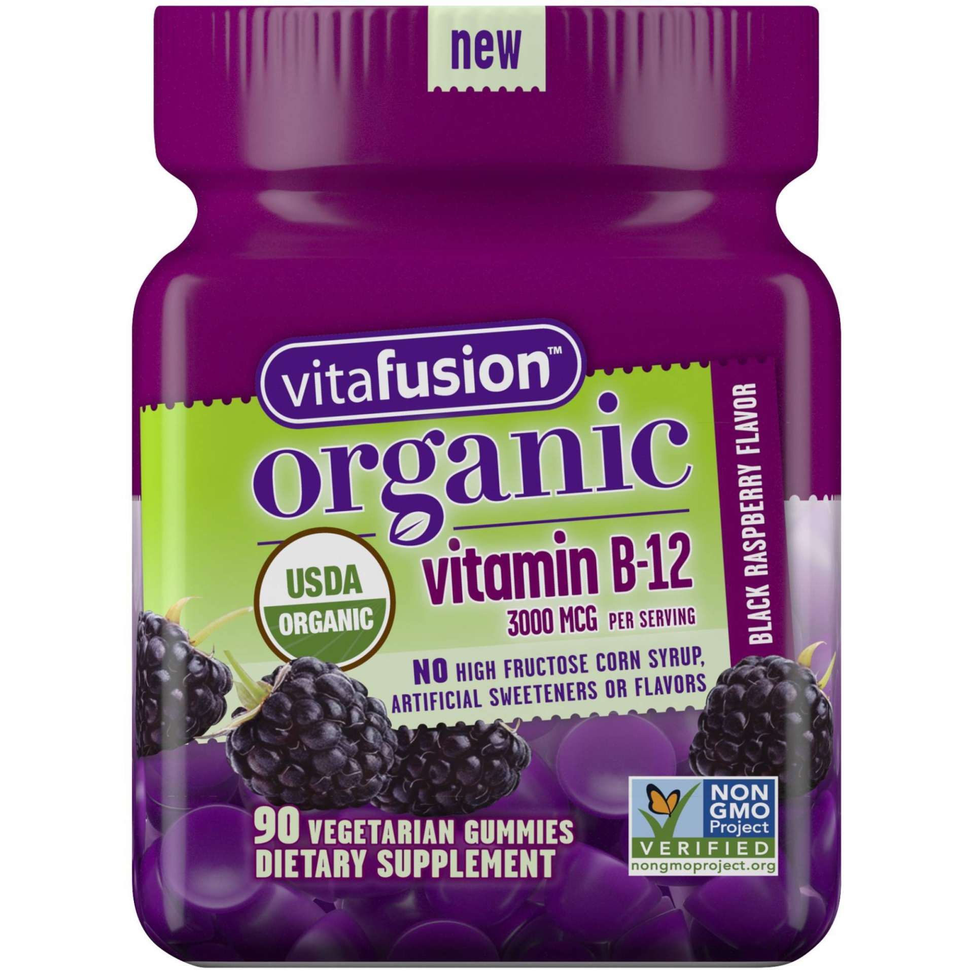 slide 1 of 4, Vitafusion Organic Vitamin B12 Black Raspberry Gummies, 90 ct