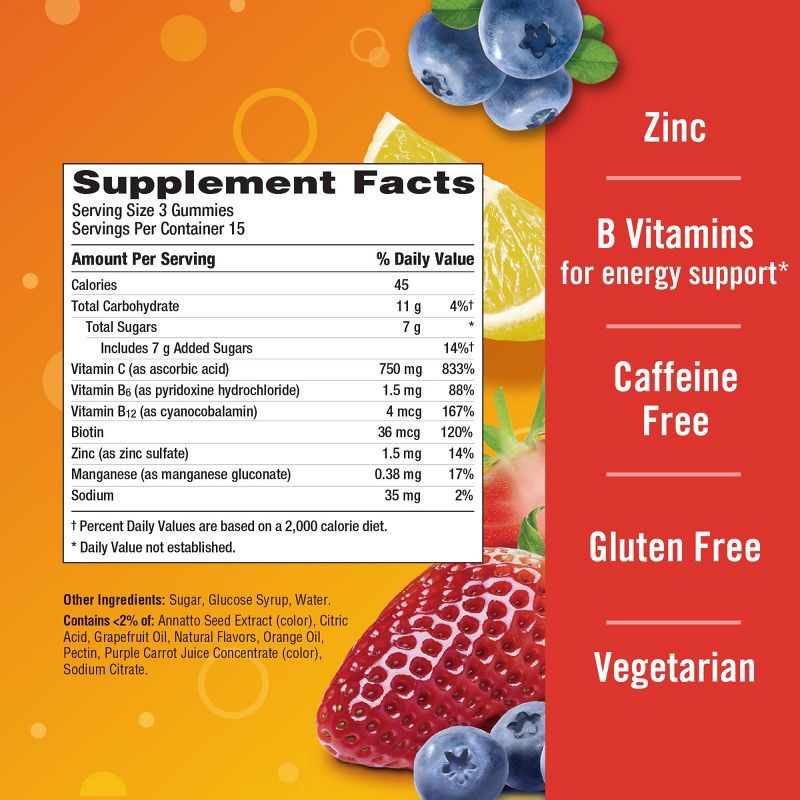 slide 7 of 8, Emergen-C Vitamin C Gummies - Strawberry, Lemon & Blueberry - 45ct, 45 ct