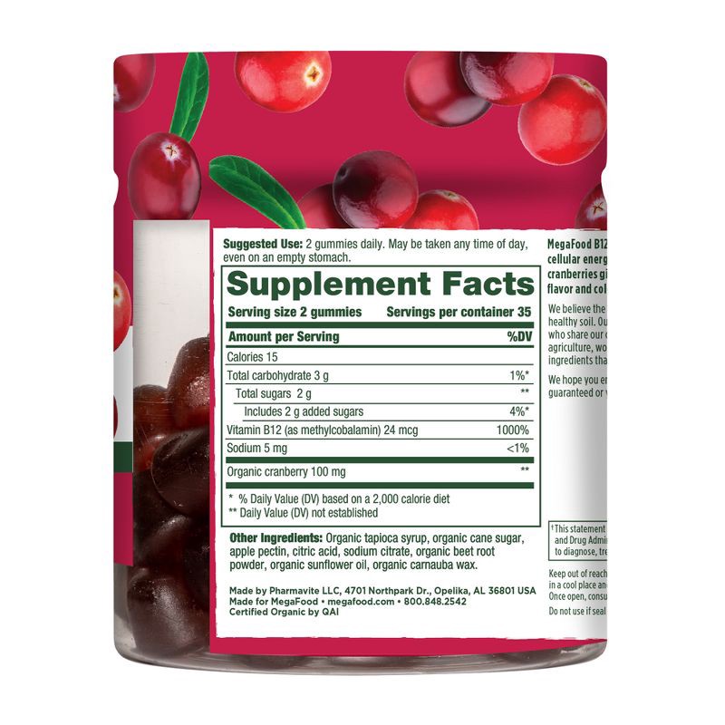 slide 2 of 5, MegaFood Vitamin B12 Energy, Vitamin B, Organic, Vegan Gummies - Cranberry - 70ct, 70 ct